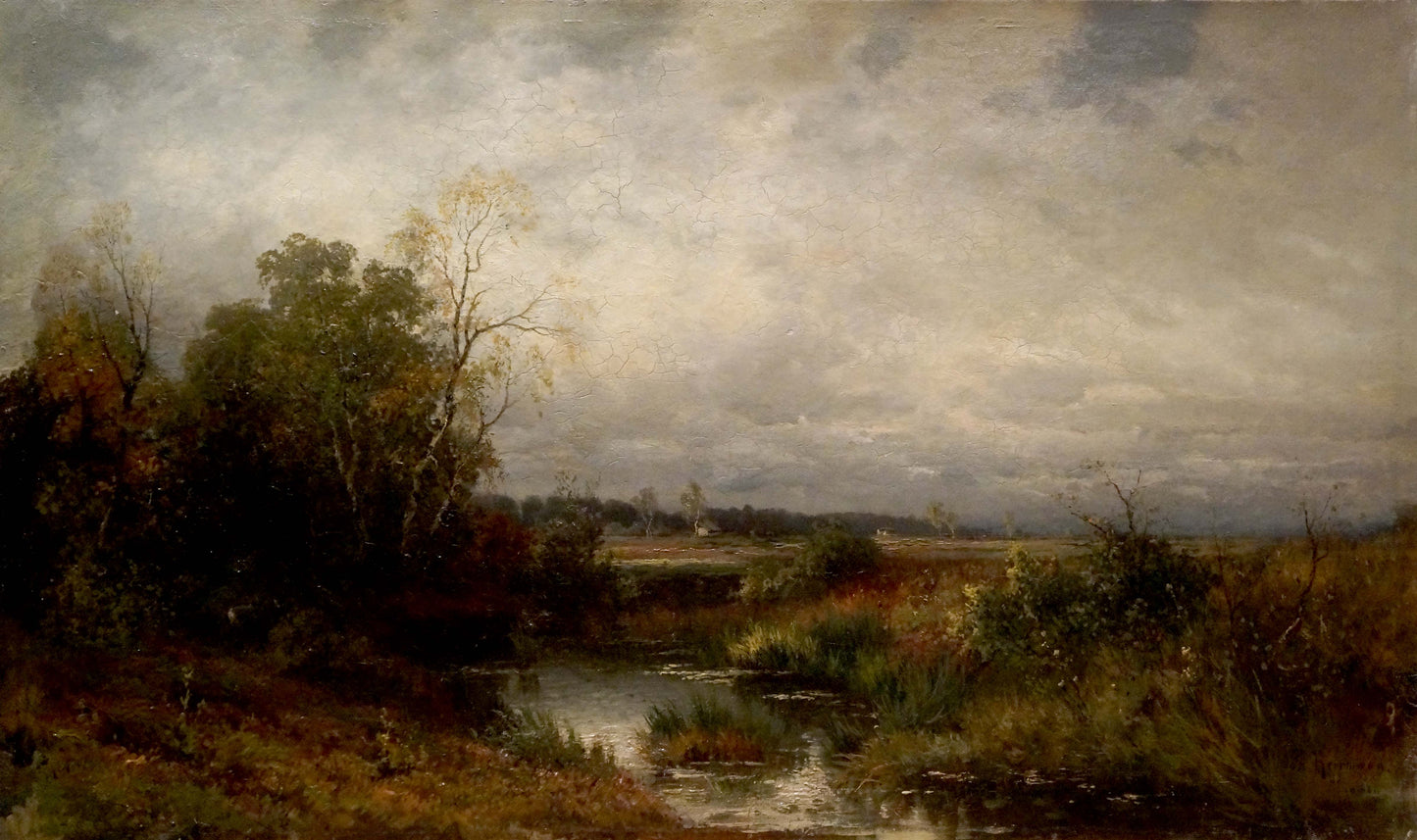 Oil painting Freshness after the rain: serene river landscape with lush greenery
