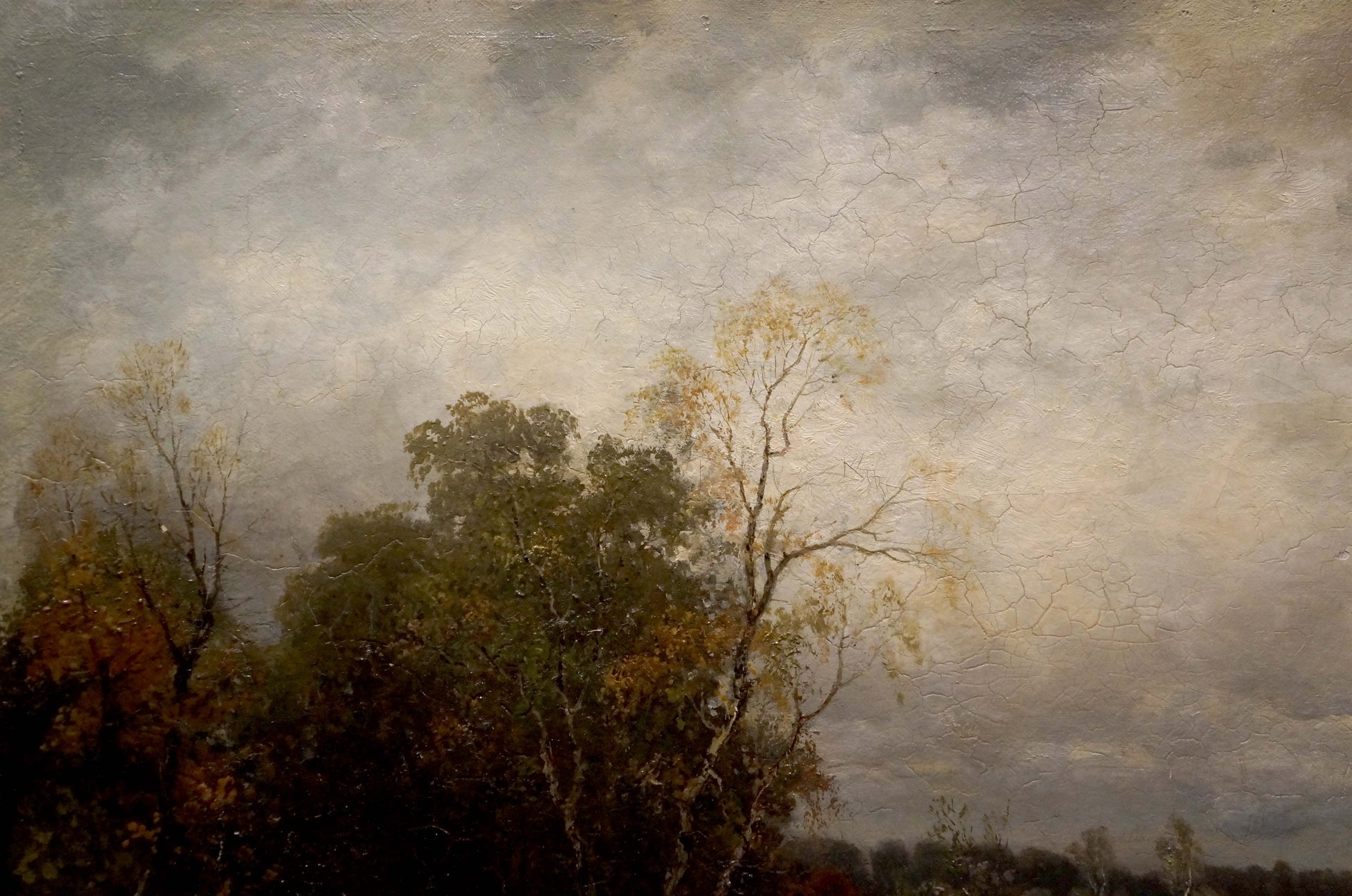 Weathered oil painting of fresh forest after rain in autumn hues