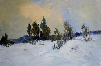 Large oil painting of snowdrifts in forest by unknown artist