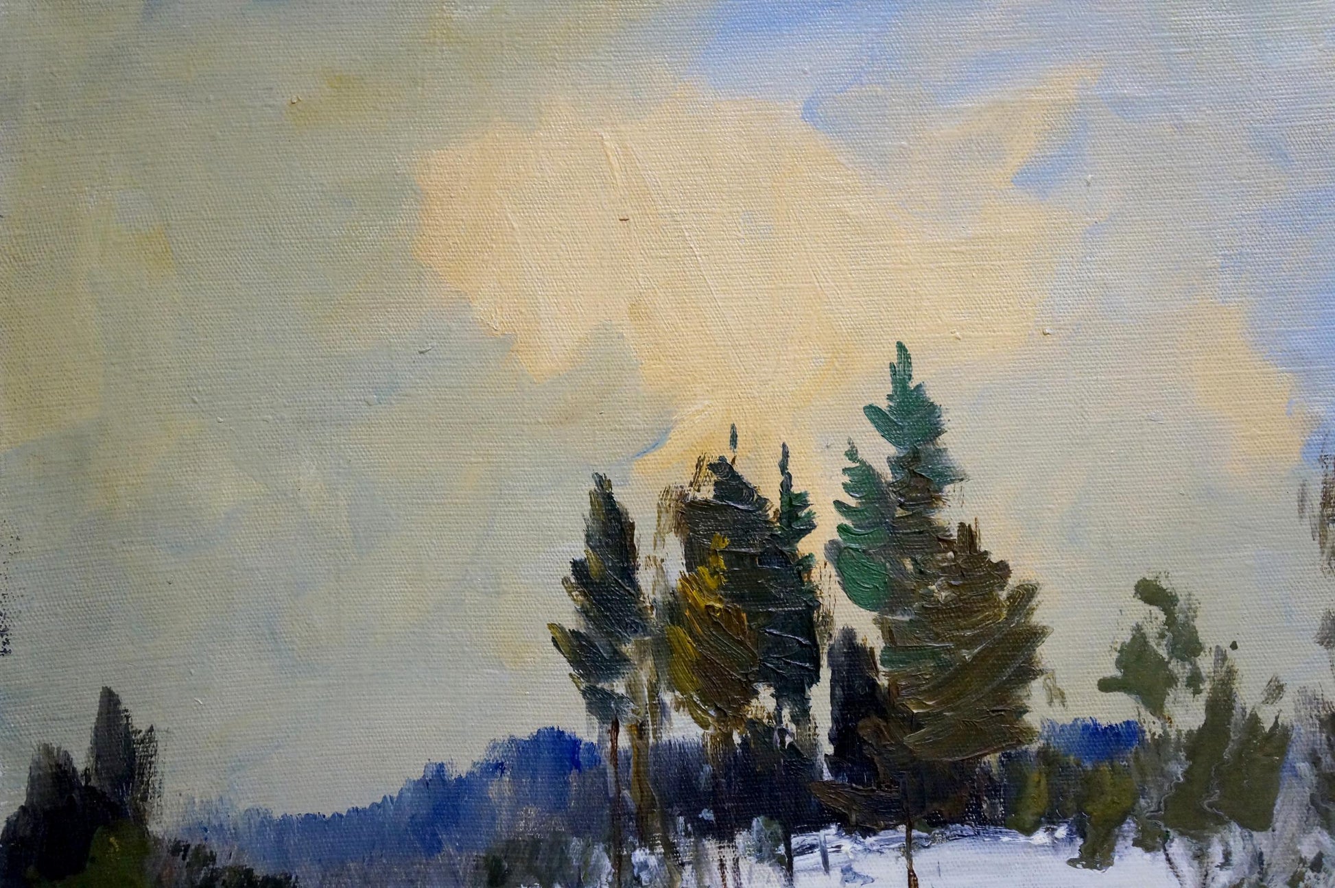 Large oil painting of snowdrifts in forest, textured winter landscape