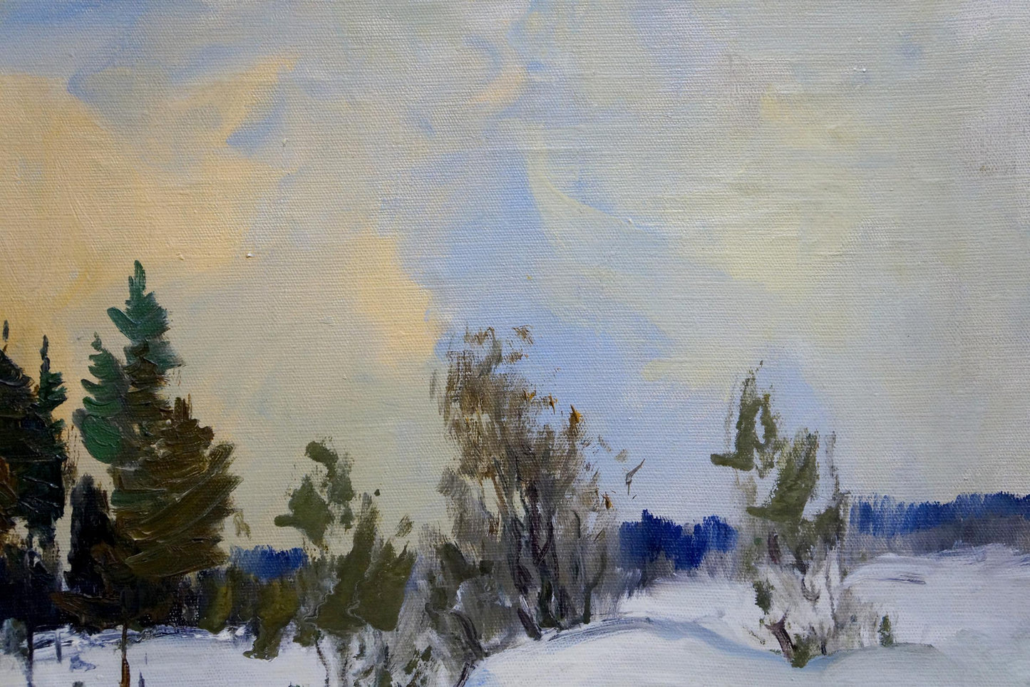 Large oil painting of snowdrifts in forest with evergreens, unknown artist