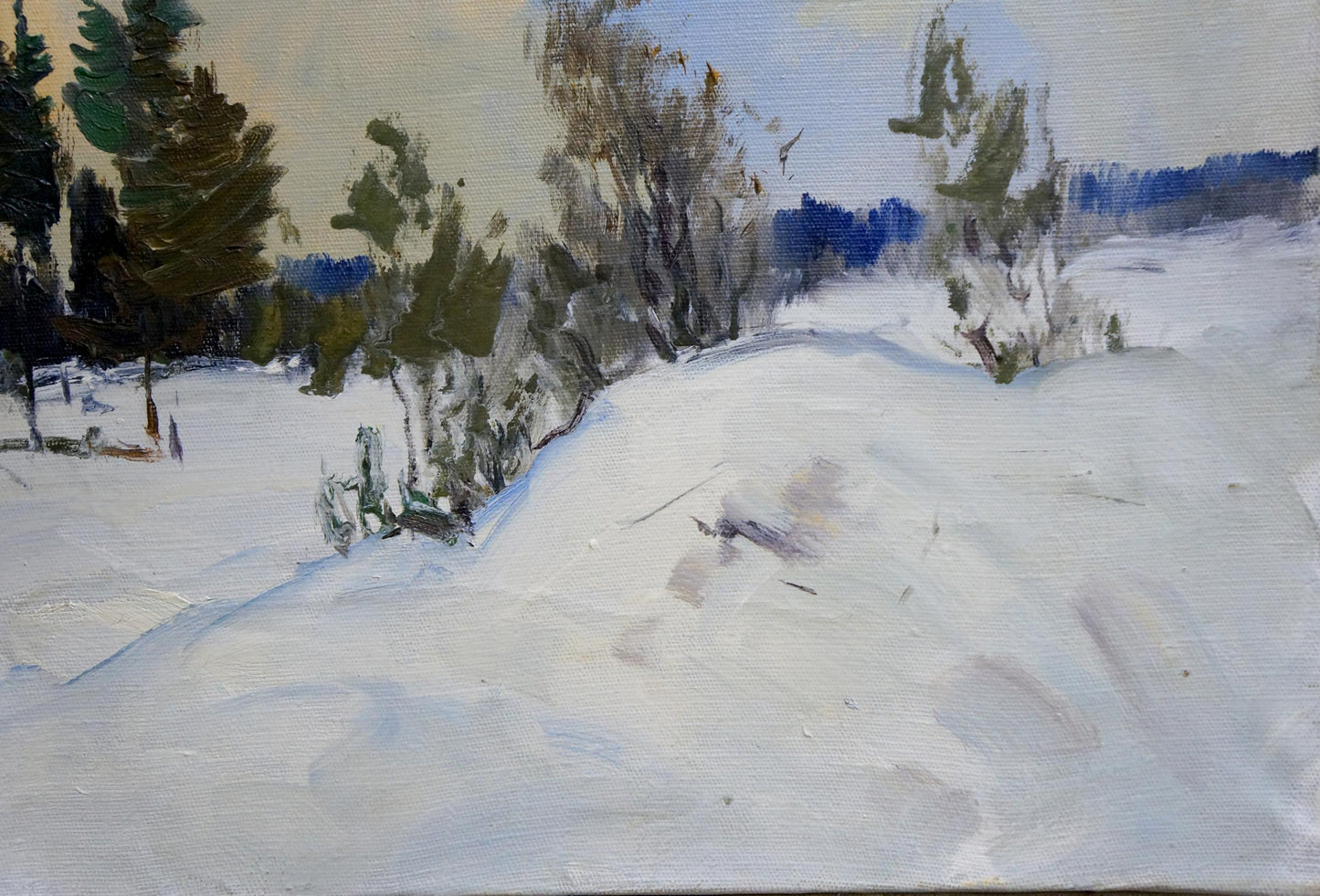 Large oil painting of snowdrifts in forest with evergreen trees and path