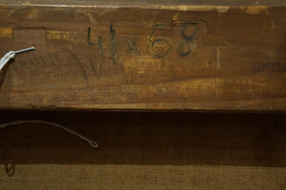 Back of oil painting Freshness after the rain: worn wooden stretcher bar with faded green dimension markings