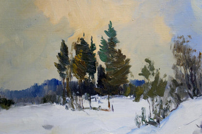 Oil painting of large snowdrifts in forest with pine trees, unknown artist