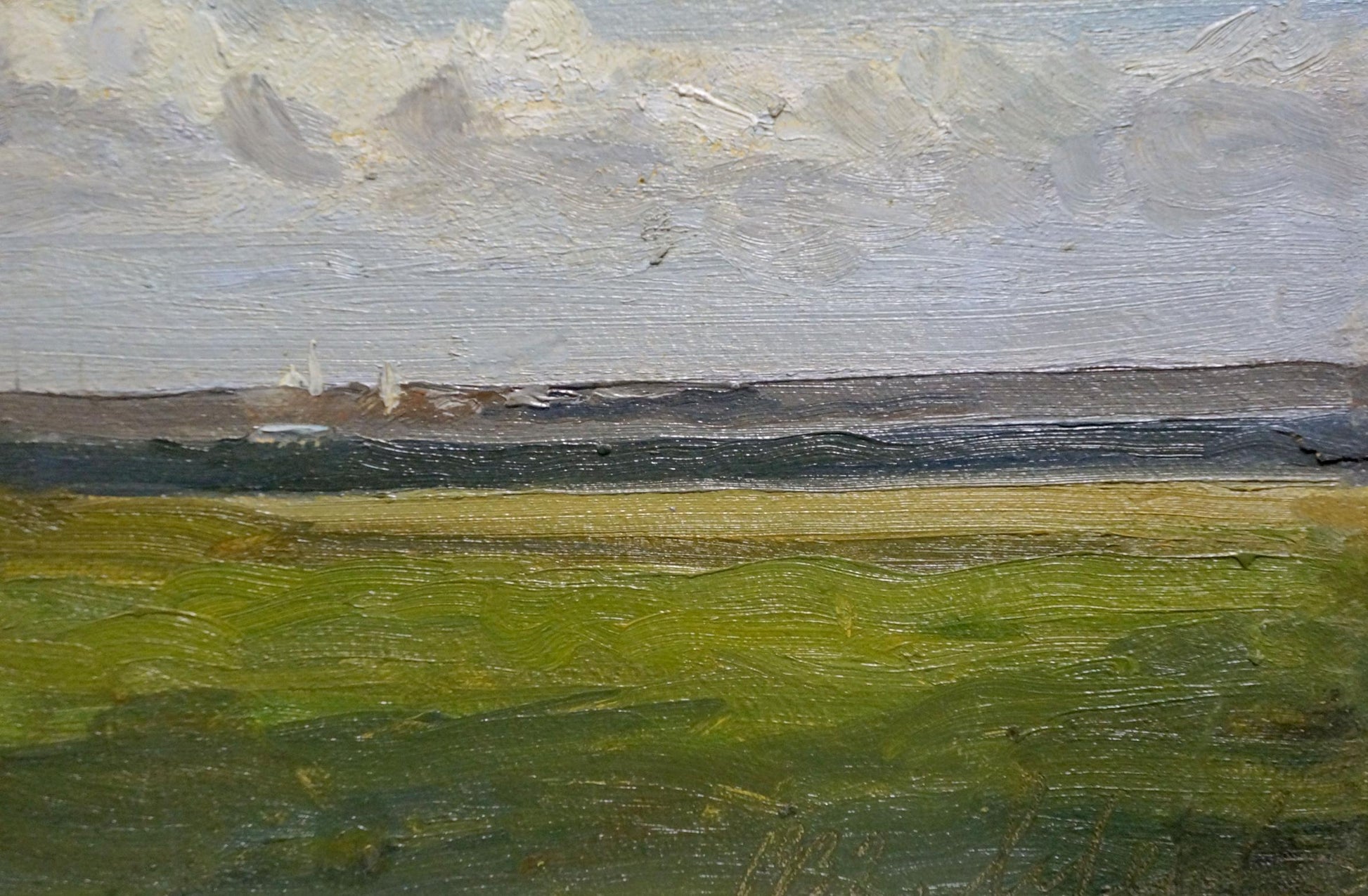 Textured oil painting by Buryachok Nikolay Ivanovich: serene green fields, water, clouds