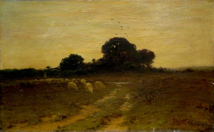 Serene oil painting Twilight Across the Fields with golden hay bales