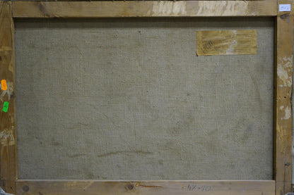 Back of large oil painting canvas: snowdrifts in forest, worn gray fabric backing