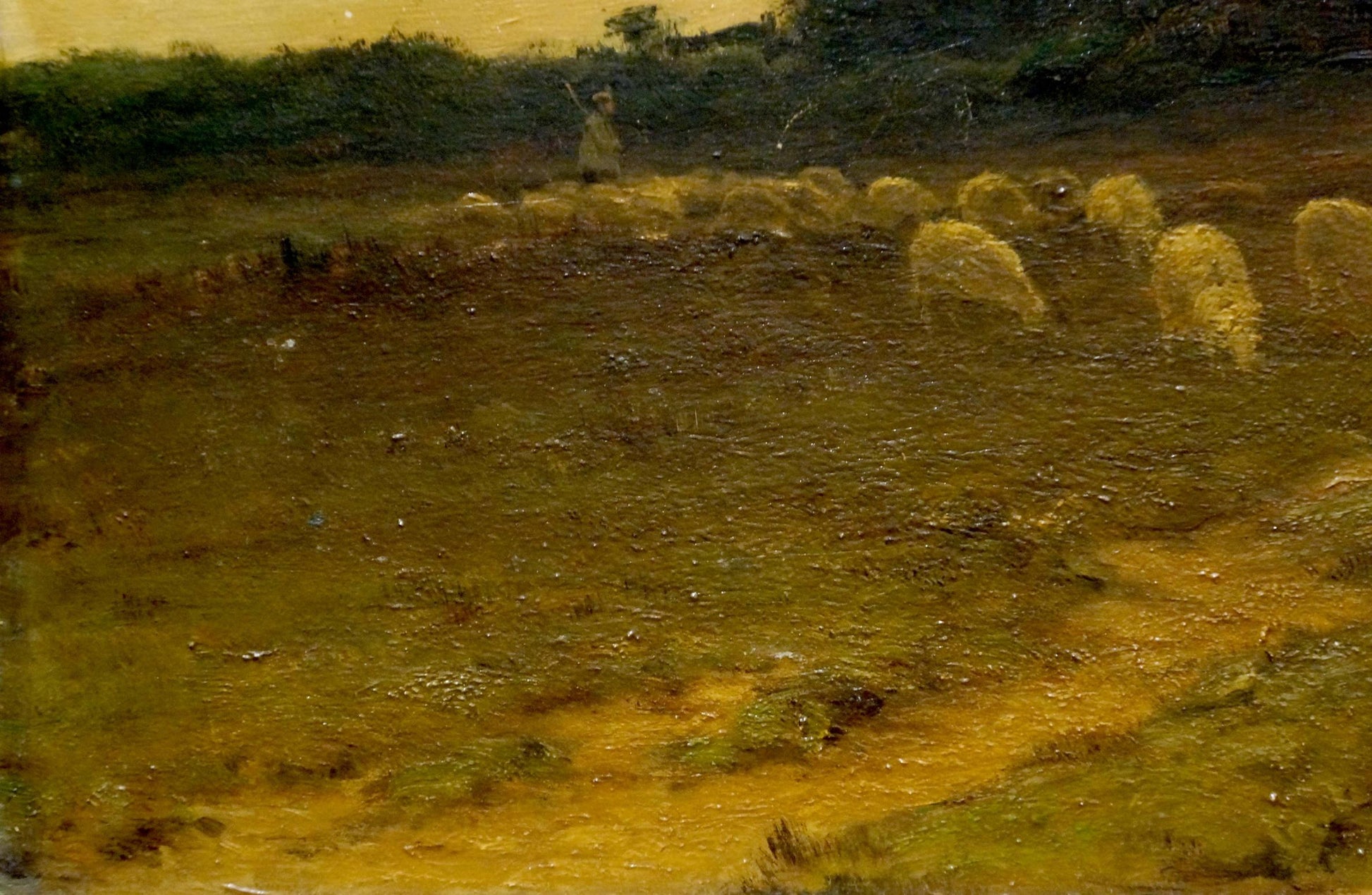 Rustic oil painting Twilight Across the Fields with golden hay bales