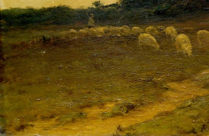 Rustic oil painting Twilight Across the Fields with golden hay bales