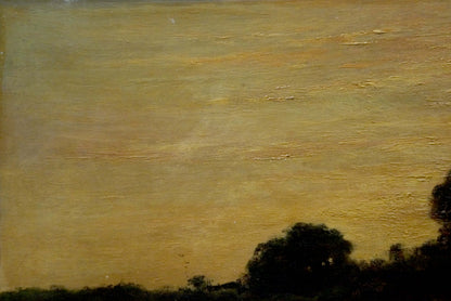 Oil painting Twilight Across the Fields with textured golden sky over dark tree silhouettes