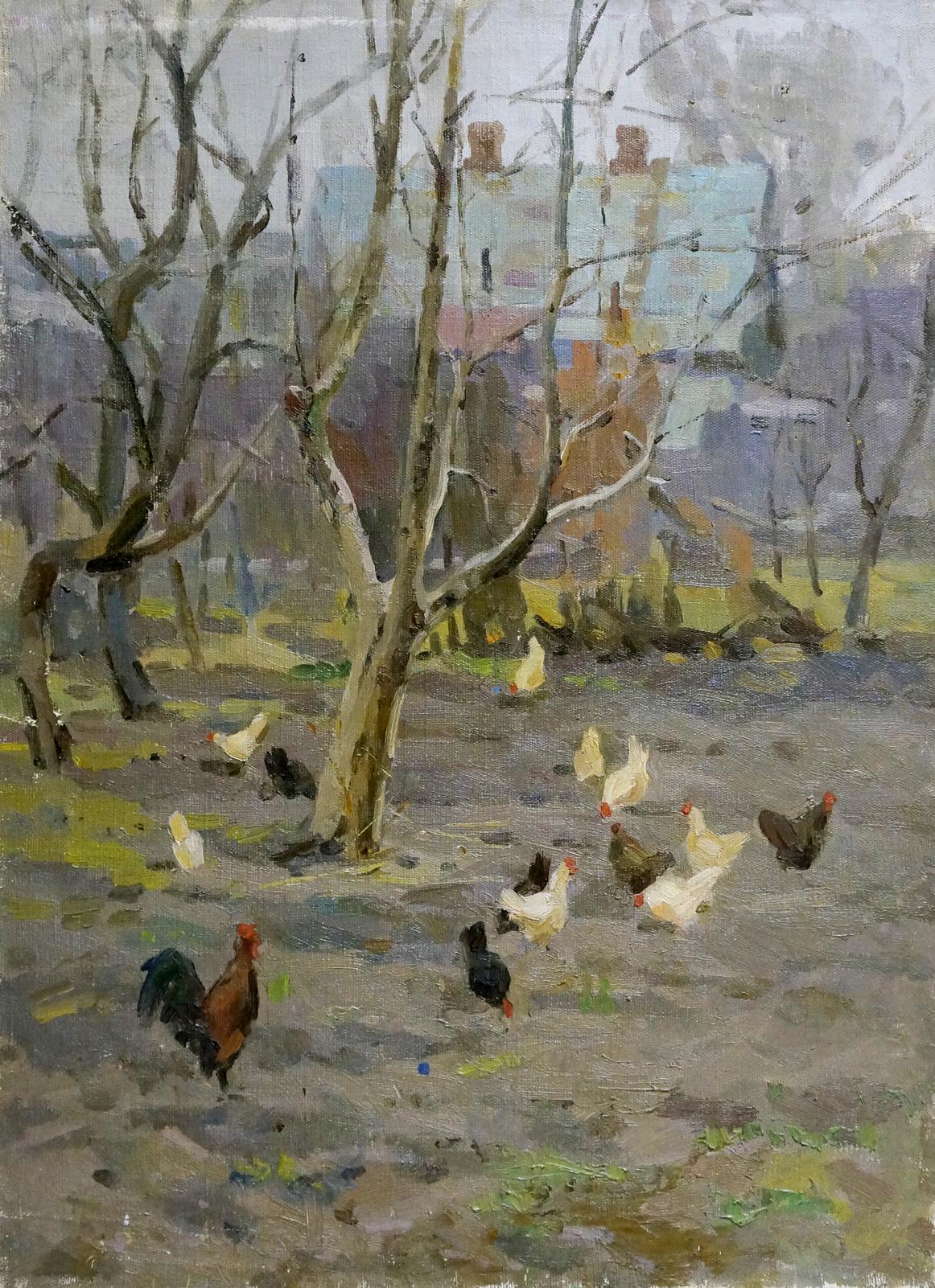 Rustic oil painting by Volobuev Evgeny Vsevolodovich of chickens in yard