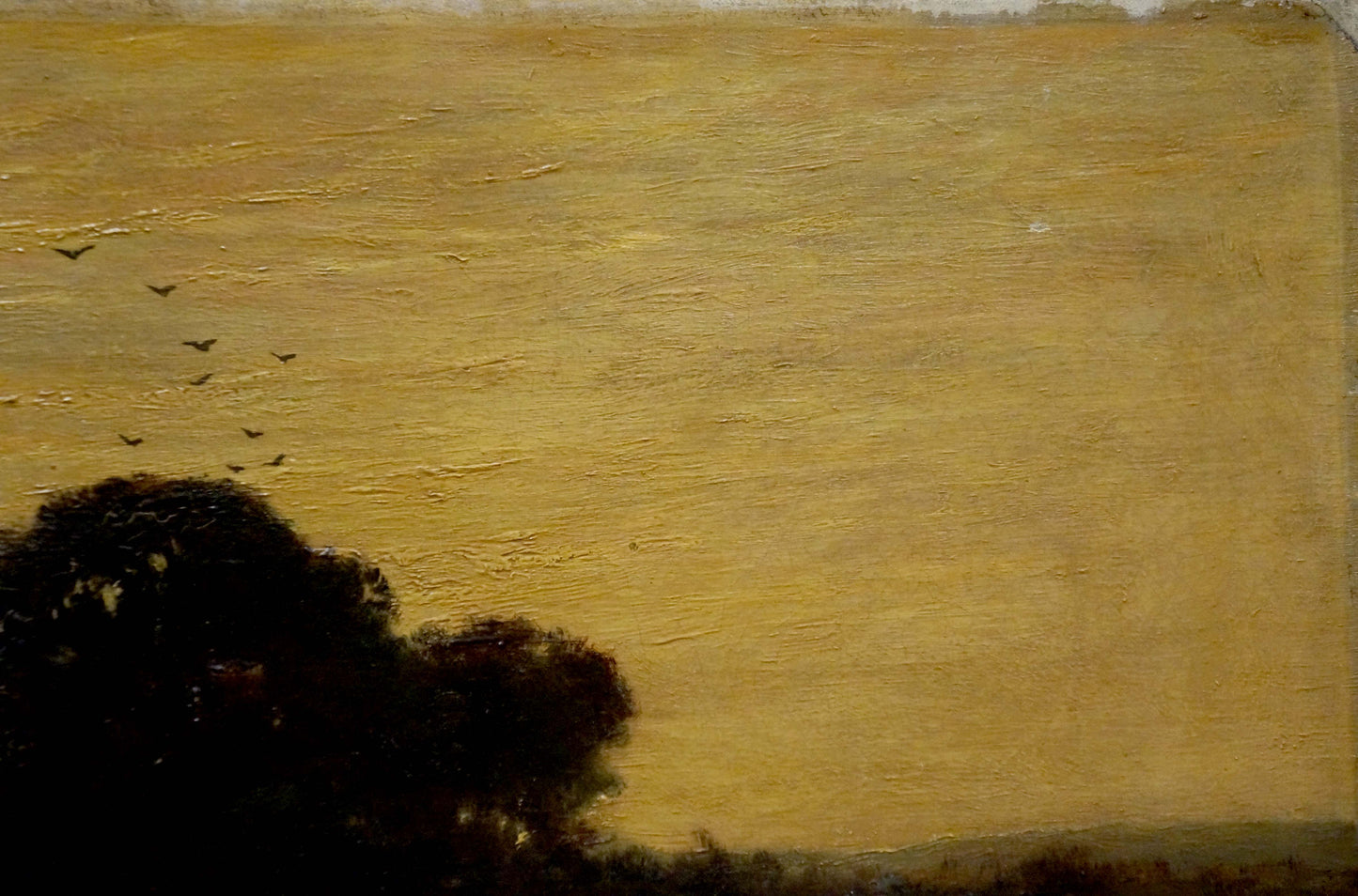 Oil painting Twilight Across the Fields with silhouetted trees and birds
