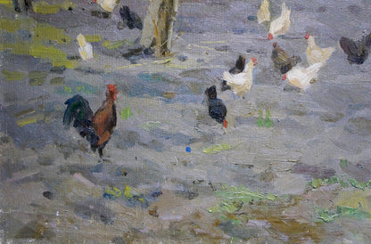 Vibrant rooster in impressionistic oil painting by Volobuev Evgeny Vsevolodovich