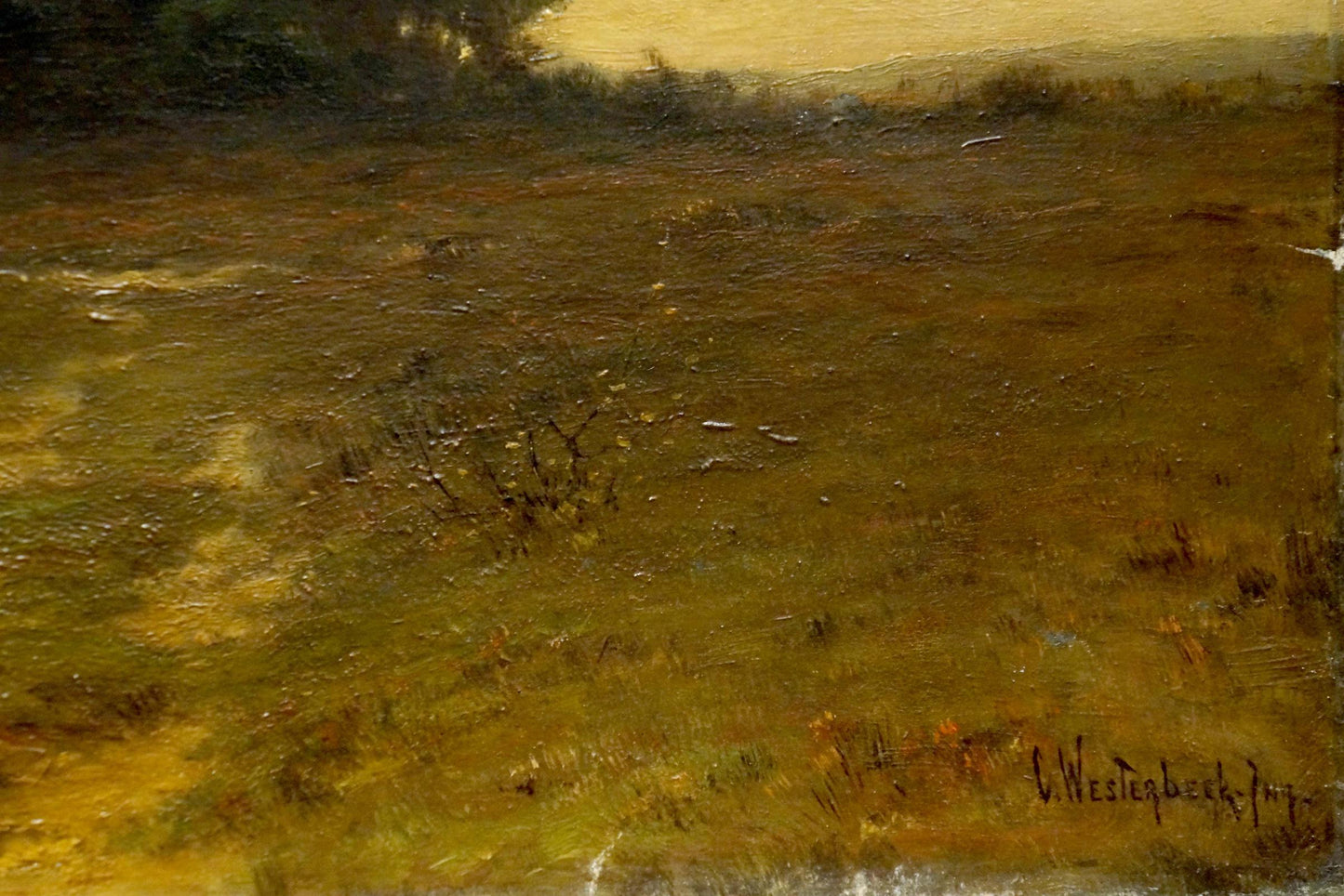Oil painting of sunlit field in earthy greens and yellows signed by C