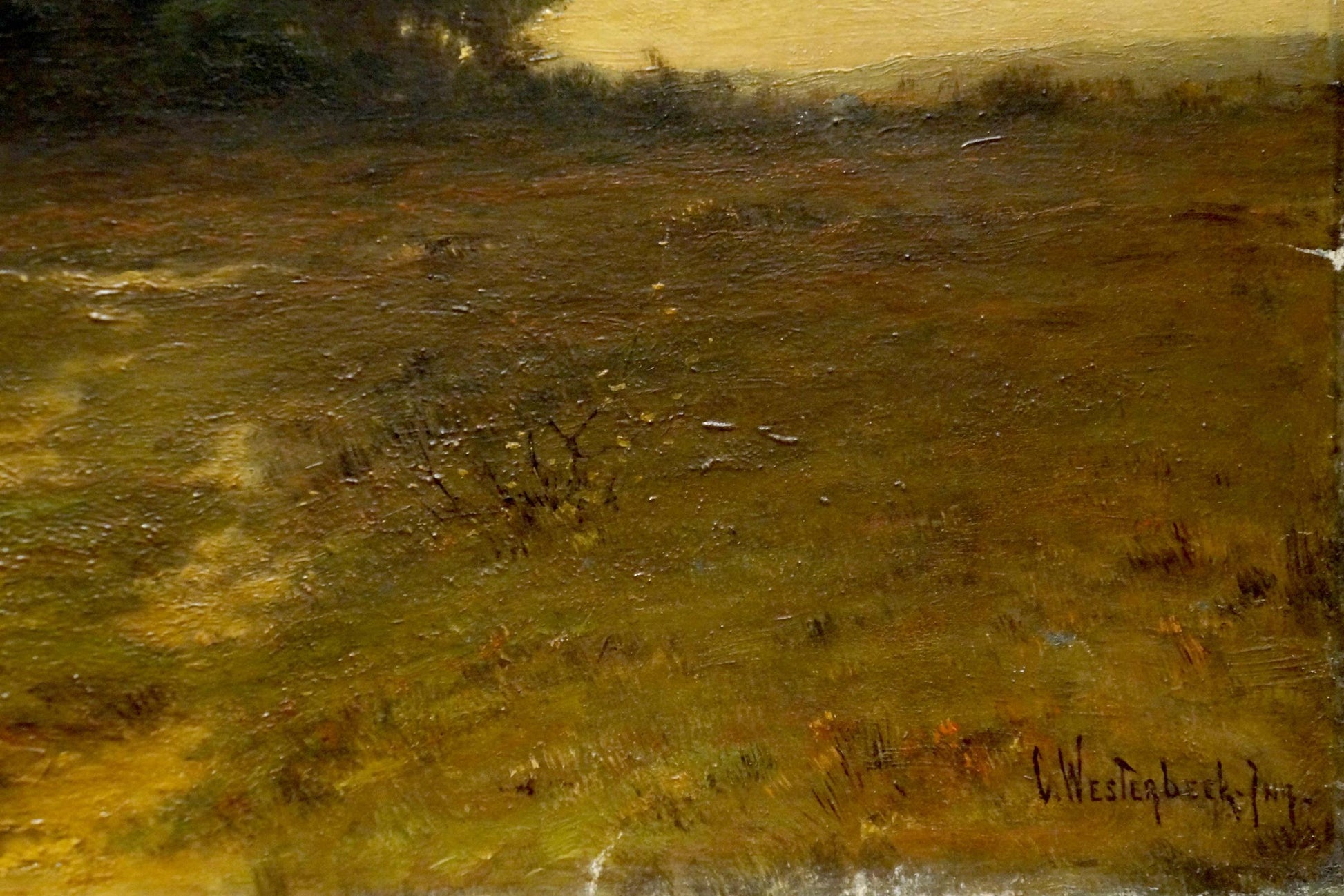 Oil painting of sunlit field in earthy greens and yellows signed by C