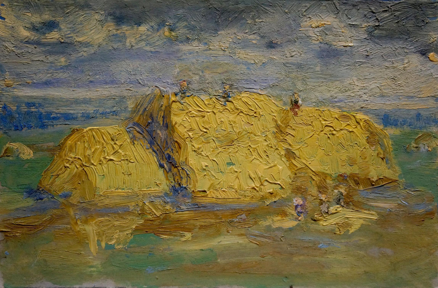 Oil painting On the field by Dupliy Sergey Alexandrovich: golden haystacks under cloudy sky