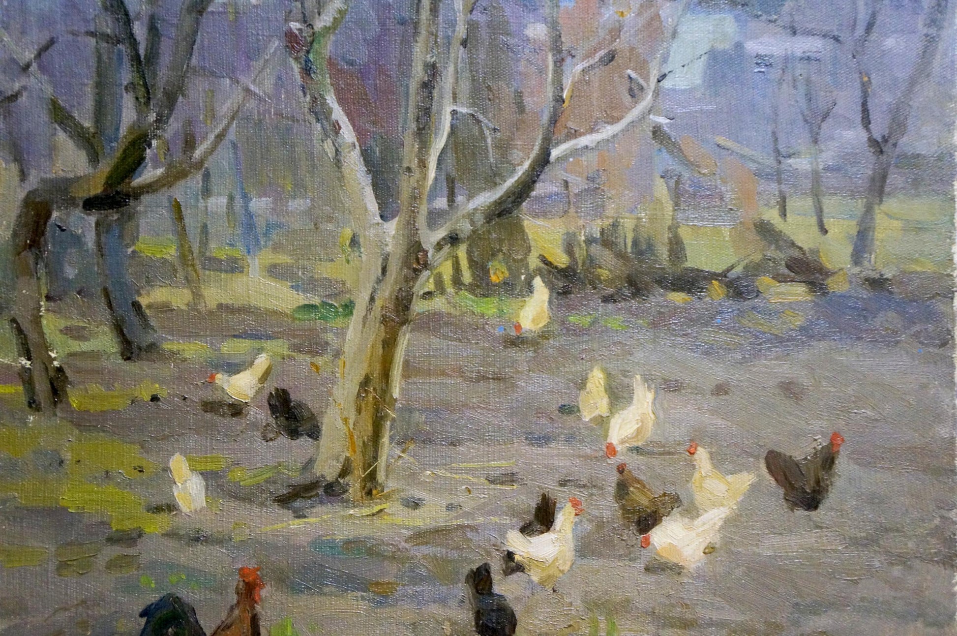 Oil painting by Volobuev Evgeny Vsevolodovich: flock of chickens in muddy field