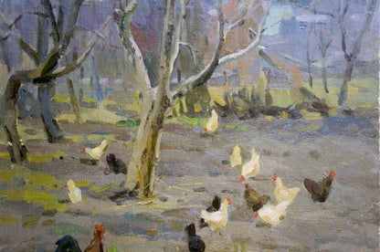 Oil painting by Volobuev Evgeny Vsevolodovich: flock of chickens in muddy field