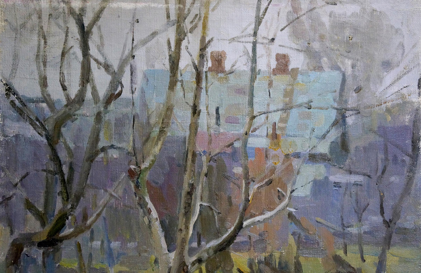 Oil painting by Volobuev Evgeny Vsevolodovich: impressionist winter trees before hazy urban landscape