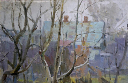 Oil painting by Volobuev Evgeny Vsevolodovich: impressionist winter trees before hazy urban landscape