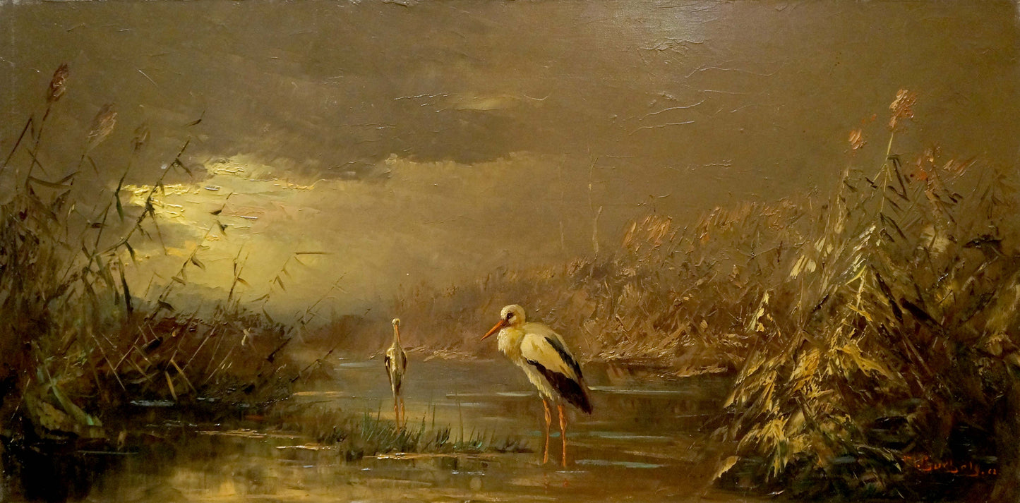 Oil painting of herons on the shore: serene storks in reeds at golden dusk