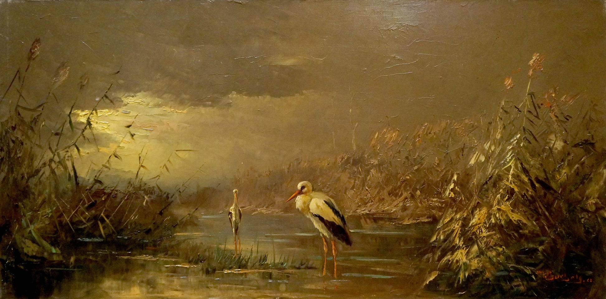 Oil painting of herons on the shore: serene storks in reeds at golden dusk