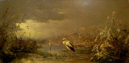 Oil painting of herons on the shore: serene storks in reeds at golden dusk