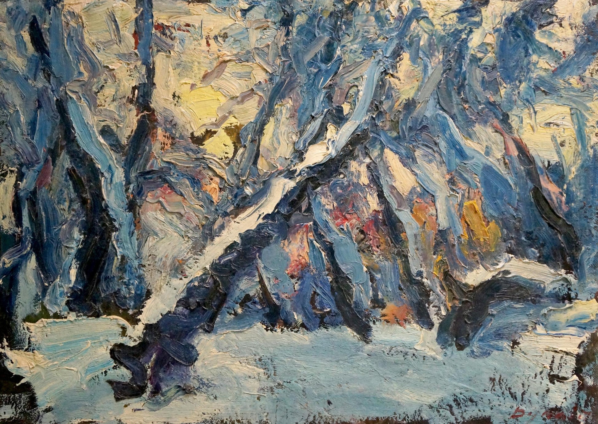 Abstract snowy forest oil painting by Sergey Dupliy in blue, white, yellow