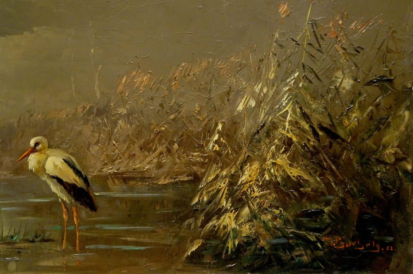 Oil painting of white stork with black wingtips in golden reeds on shore