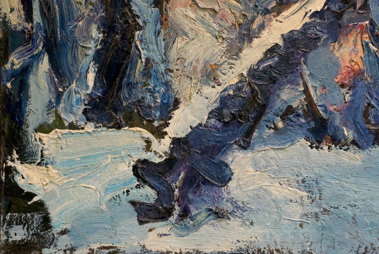 Oil painting of snow-covered forest by Sergey Dupliy, textured blues and whites
