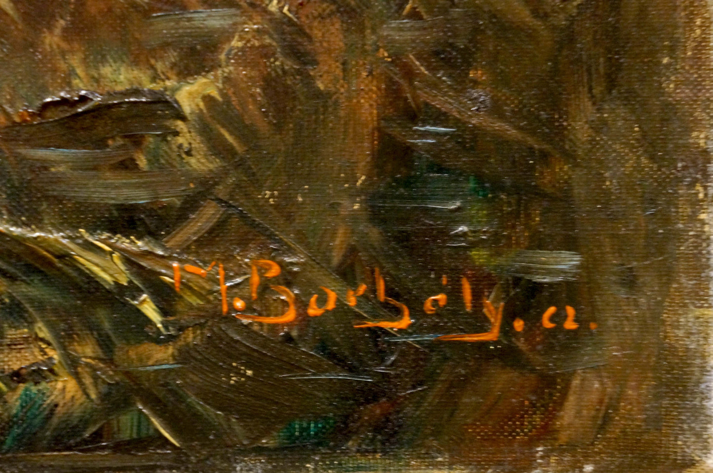 Oil painting Herons on the shore with thick textured brown gold green brushstrokes