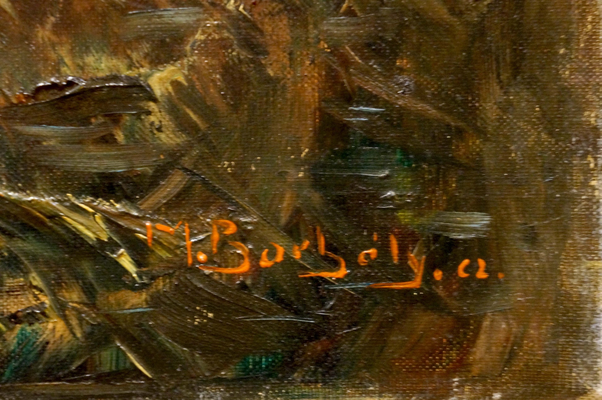 Oil painting Herons on the shore with thick textured brown gold green brushstrokes