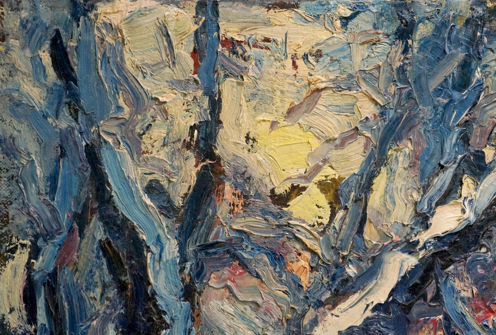Abstract snowy forest oil painting by Sergey Dupliy with blue textured brushstrokes