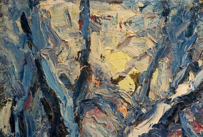 Abstract snowy forest oil painting by Sergey Dupliy with blue textured brushstrokes