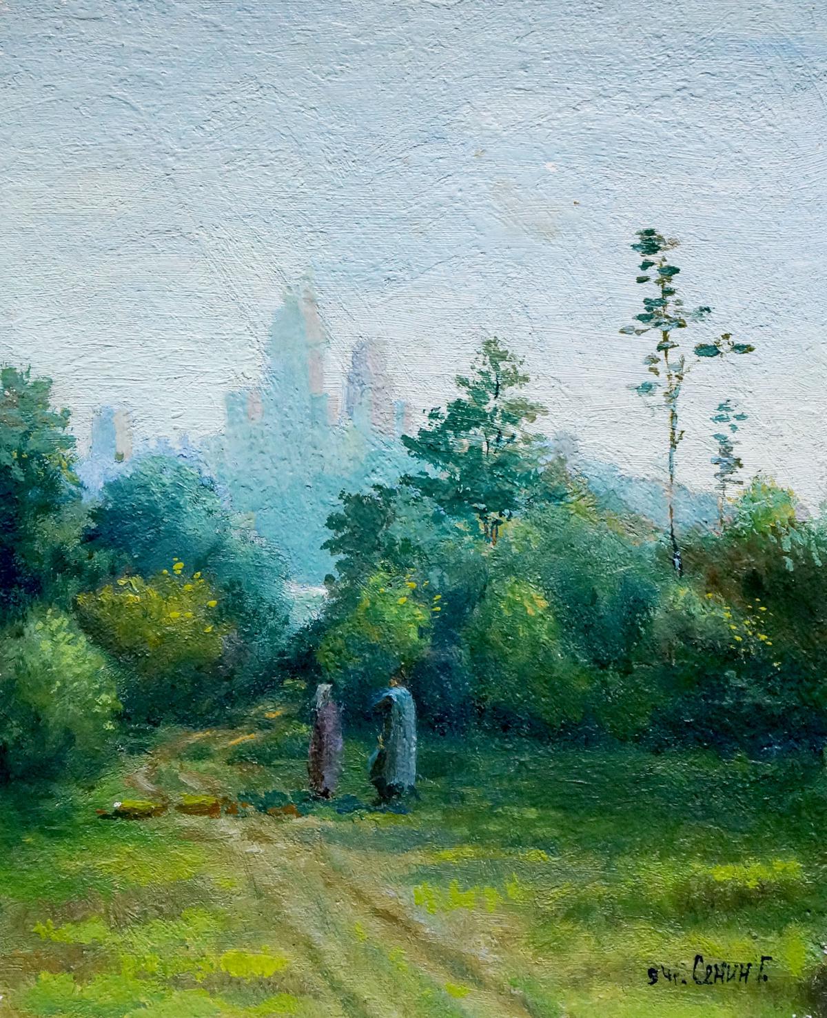 Oil painting Road to the forest Senin G. two figures on grassy path