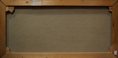 Back of Oil painting Herons on the shore with wooden frame and beige fabric