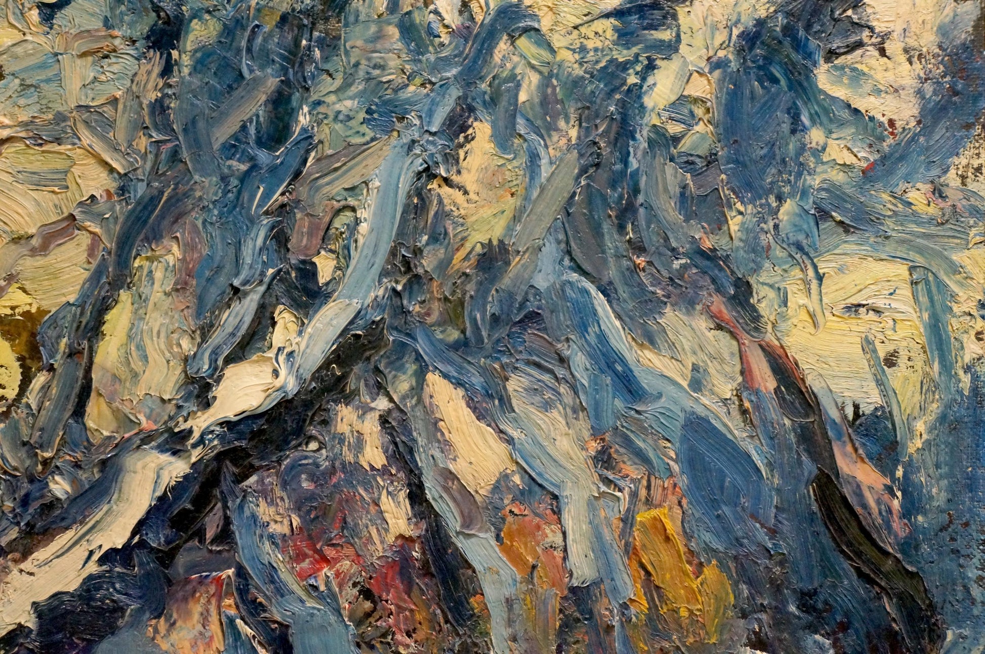 Snowy forest oil painting by Sergey Dupliy with textured blues and yellows