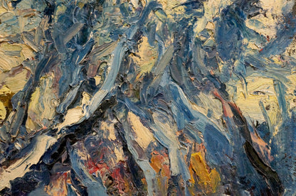 Snowy forest oil painting by Sergey Dupliy with textured blues and yellows