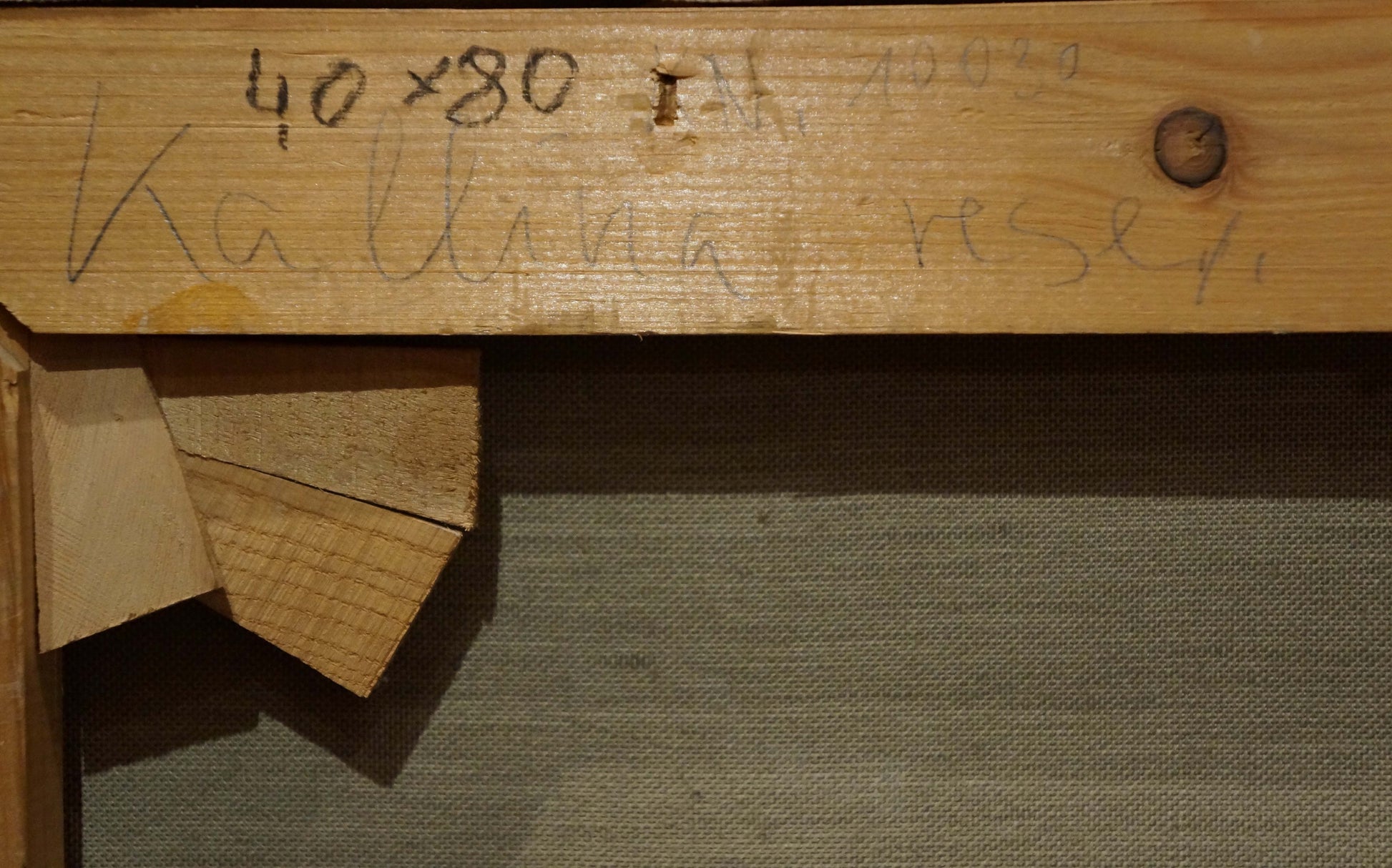 Back of Oil painting Herons on the shore: light wood stretcher bar with knot and markings