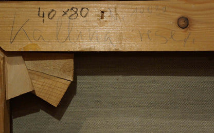 Back of Oil painting Herons on the shore: light wood stretcher bar with knot and markings