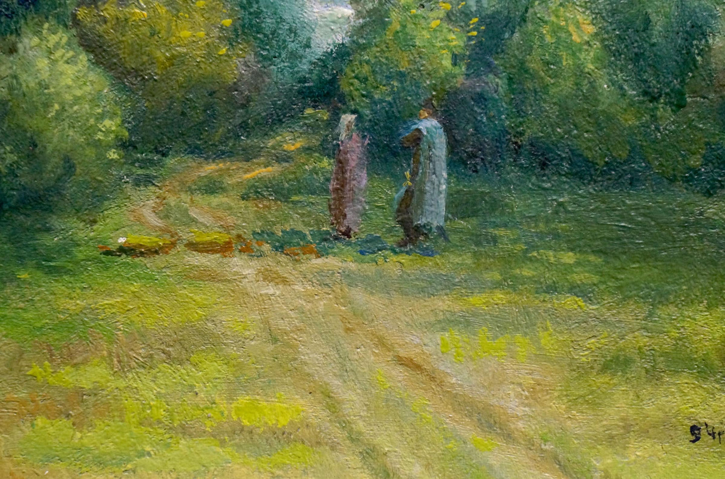Impressionist oil painting Road to the forest Senin G. with robed figures on sun-dappled path