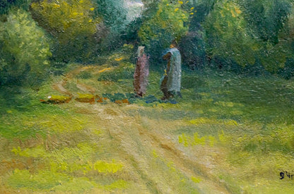 Impressionist oil painting Road to the forest Senin G. with robed figures on sun-dappled path