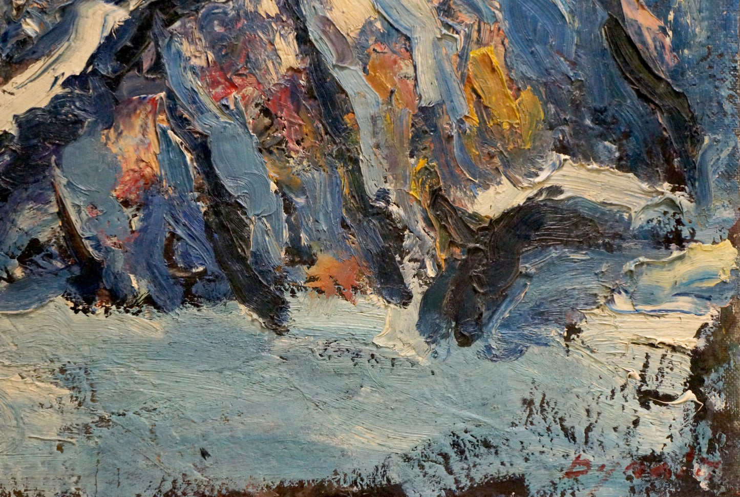 Snowy forest oil painting by Sergey Dupliy in impasto blues