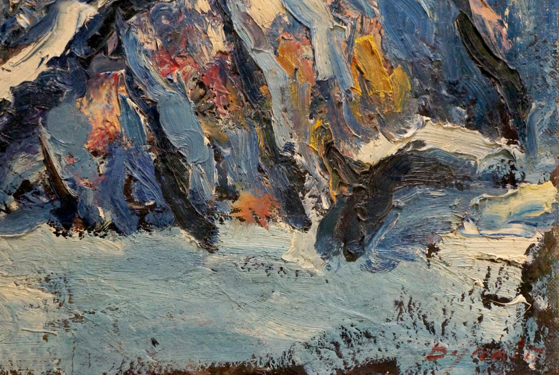 Snowy forest oil painting by Sergey Dupliy in impasto blues