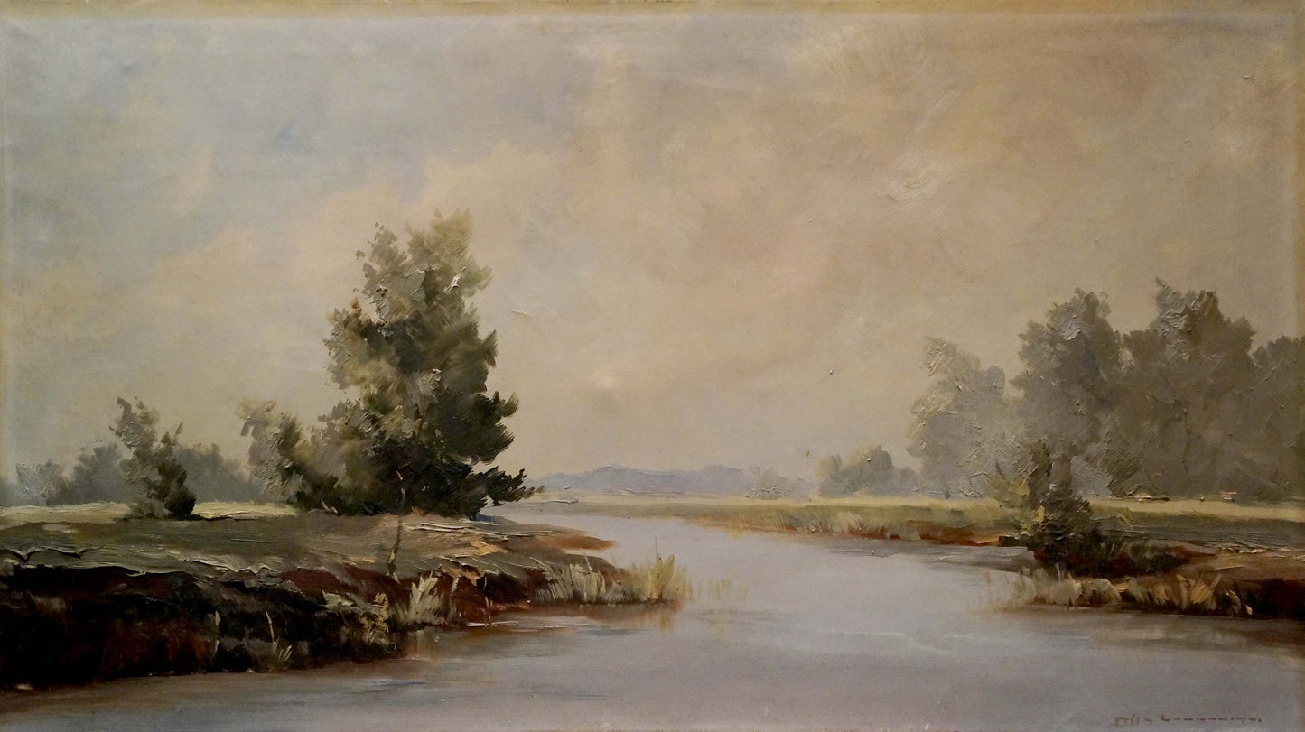 Serene oil painting Quiet calm day of tranquil river landscape