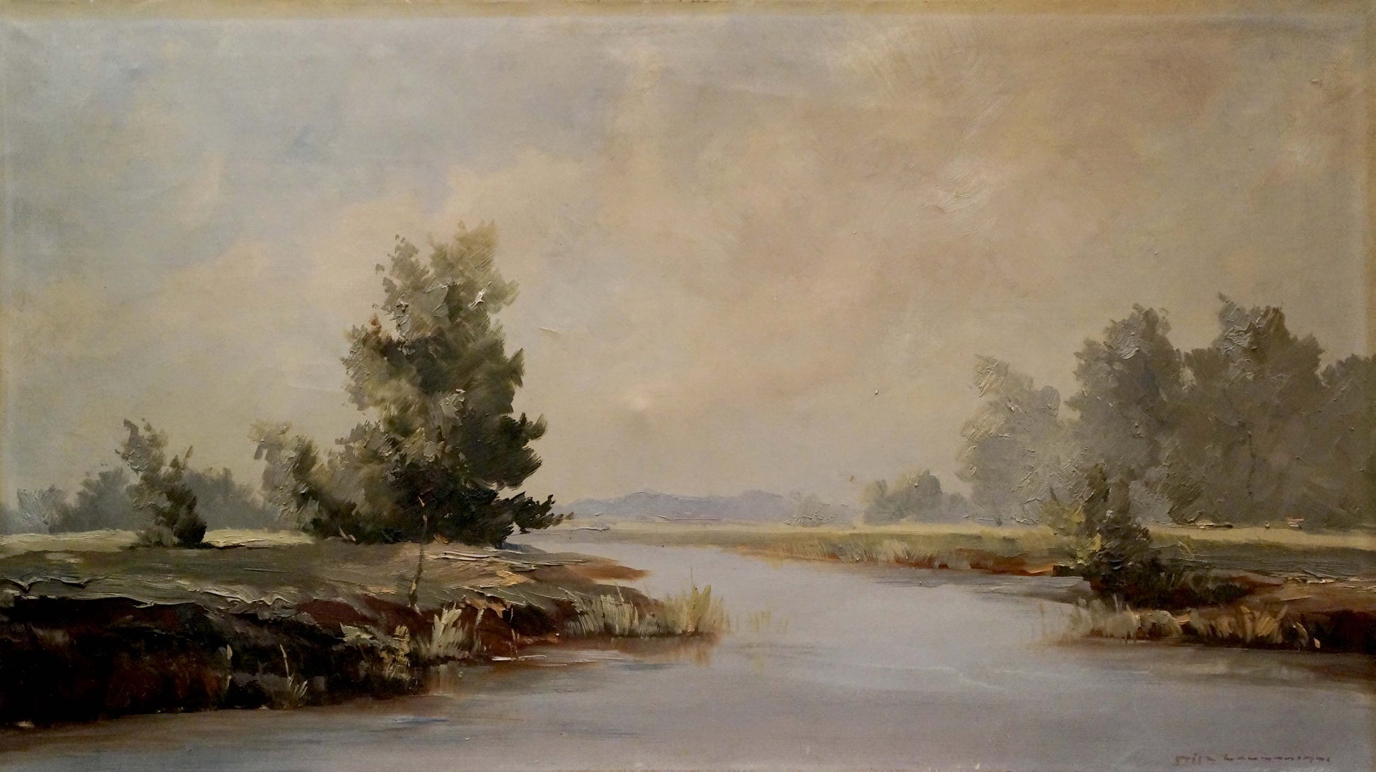 Serene oil painting Quiet calm day of tranquil river landscape