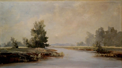 Serene oil painting Quiet calm day of tranquil river landscape