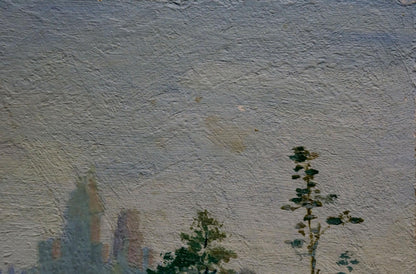 Oil painting Road to the forest Senin G with textured gray blue sky