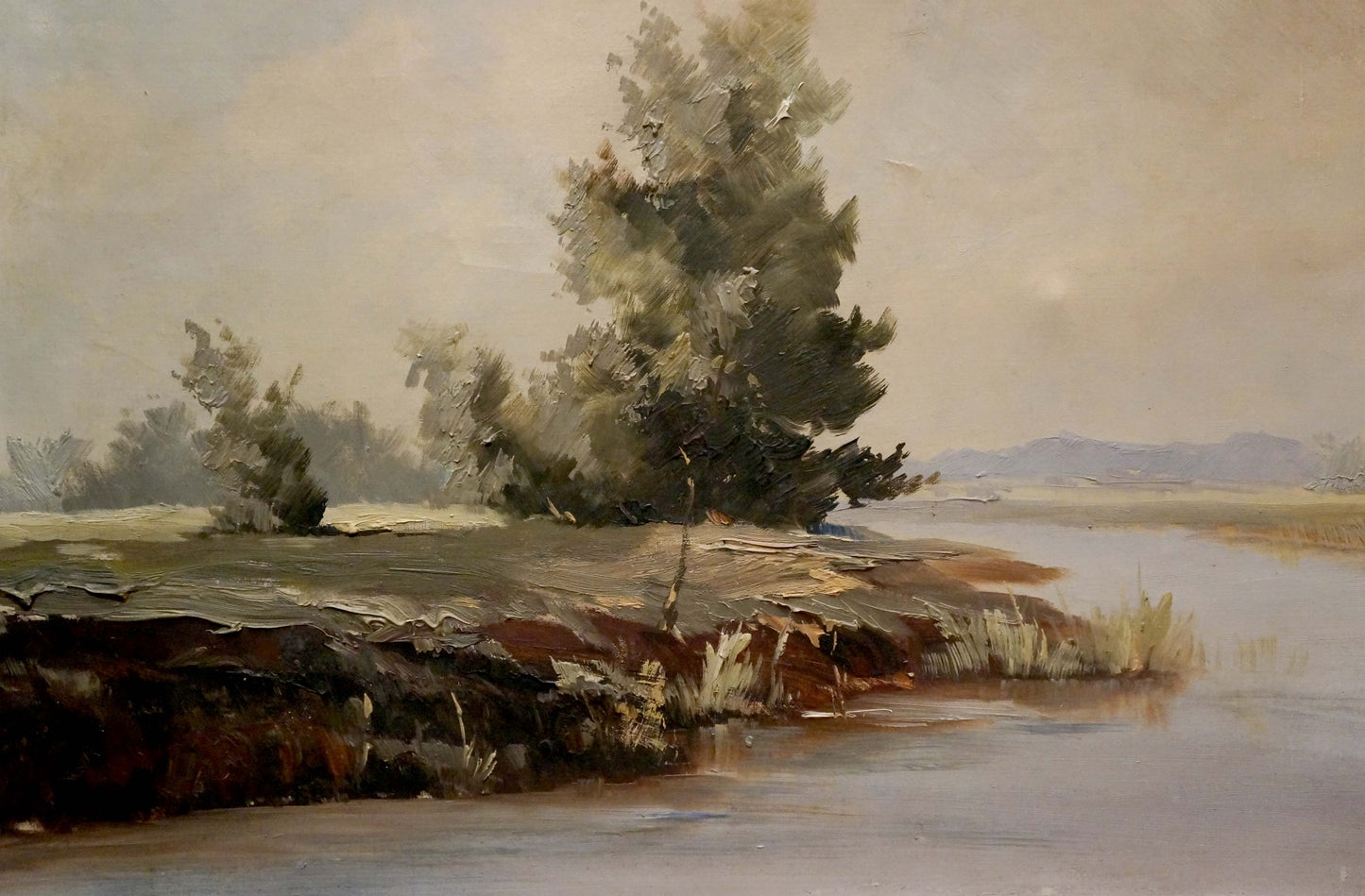 Oil painting Quiet calm day: solitary tree on muddy riverbank