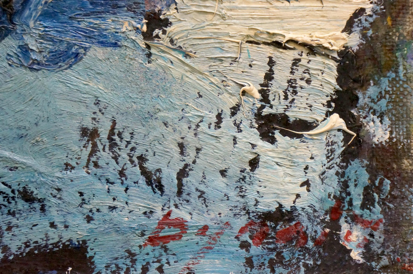 Oil painting of snowy forest by Sergey Dupliy with textured blue brushstrokes